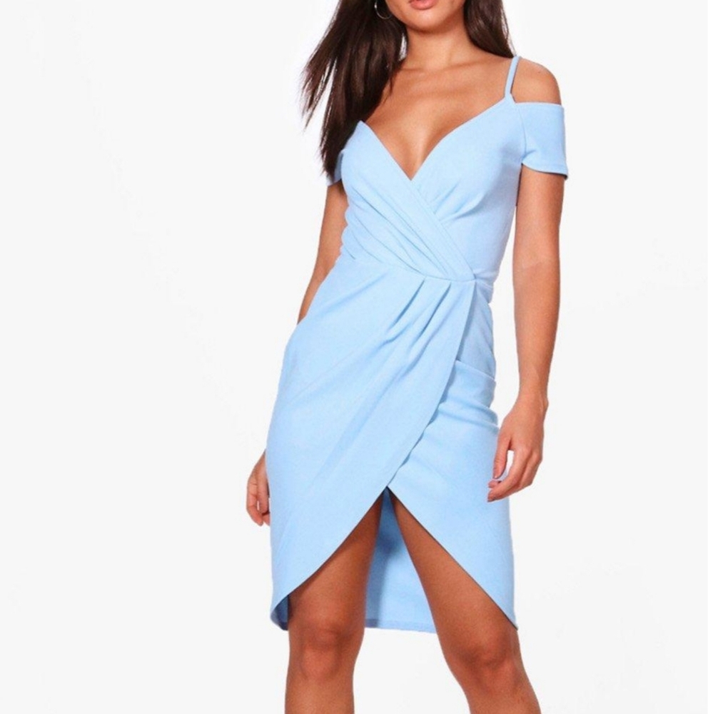 Boohoo Light Blue Wrap Cold Shoulder Midi Dress